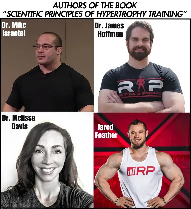 4 Authors of the Book “Scientific Principles of Hypertrophy Training”. The Dr. Mike Israetel, Dr. James Hoffman, Dr. Melissa Davis, Jared Feather.