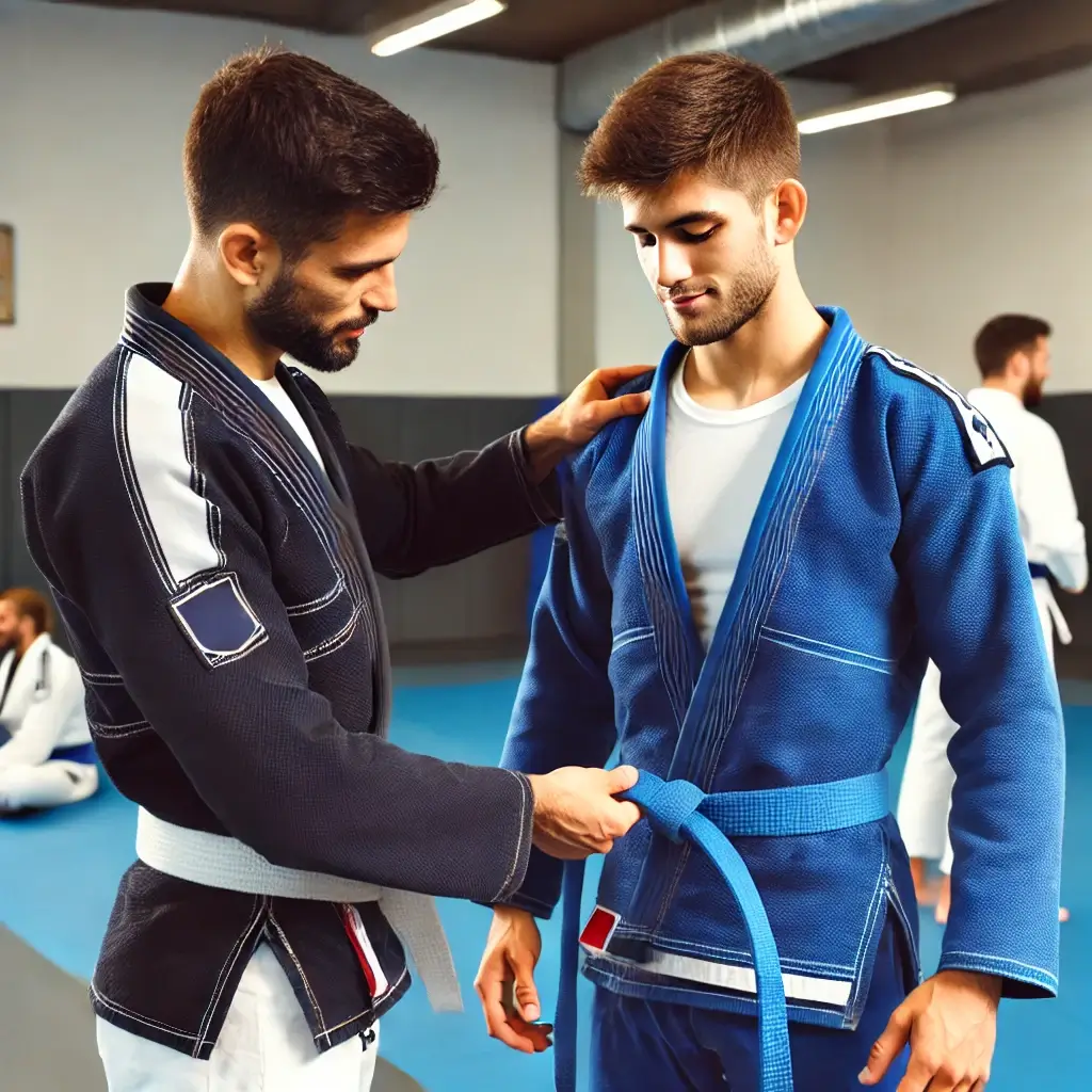 A Brazilian Jiu-Jitsu (BJJ) instructor wearing a blue belt, tying the blue belt on a student's waist