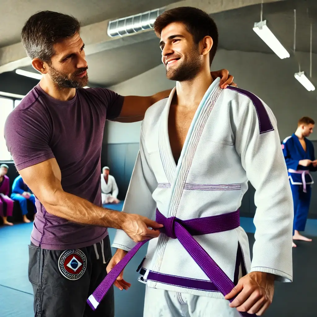 A Brazilian Jiu-Jitsu (BJJ) instructor wearing a purple belt, proudly tying the purple belt on a student's waist