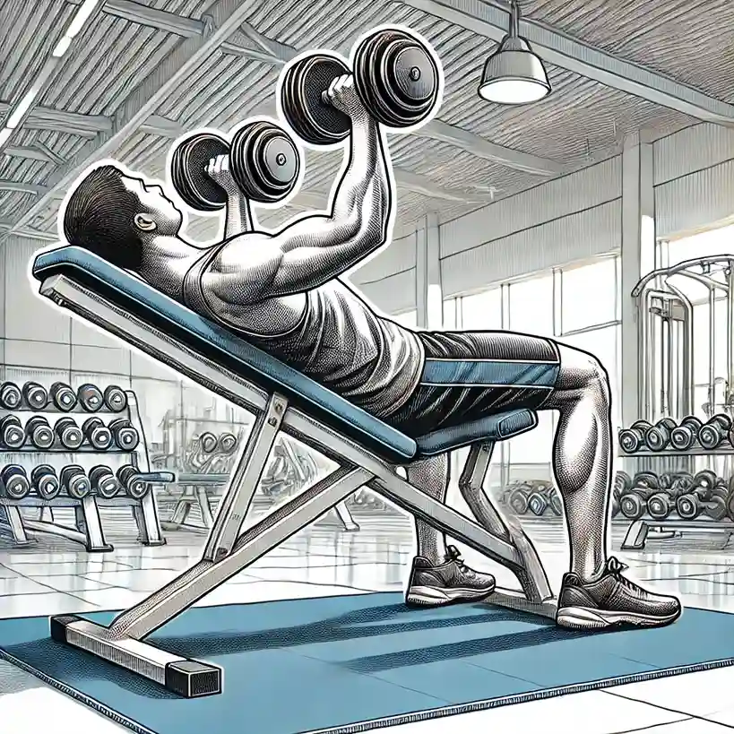 A person performing an incline dumbbell press on an inclined bench in a modern gym