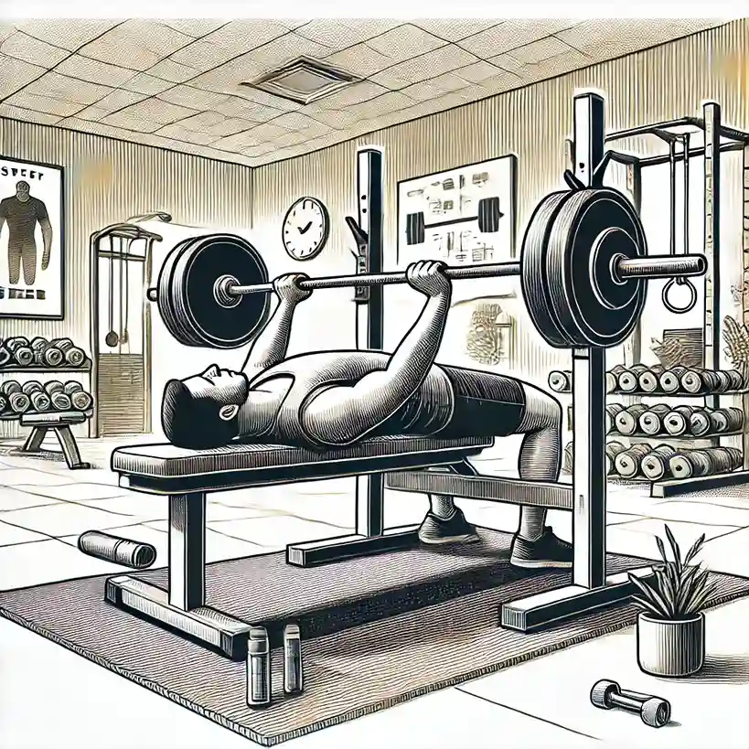 Flat Barbell Bench Press - A person lying flat on a bench, pressing a barbell to work the entire chest.
