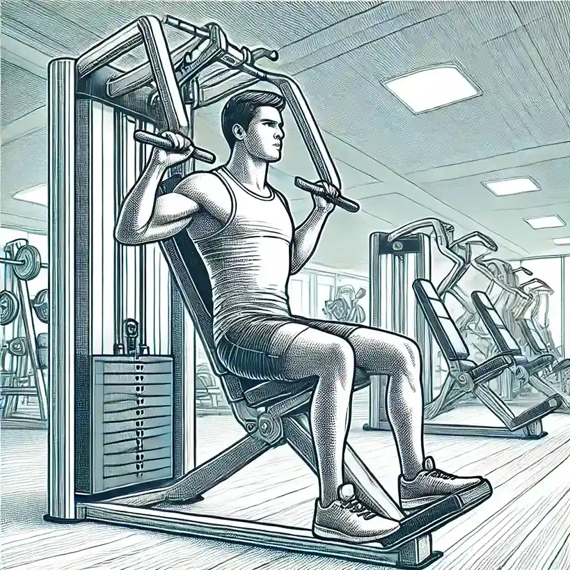 Machine Chest Press - A person seated on a chest press machine, pushing handles forward with controlled motion.
