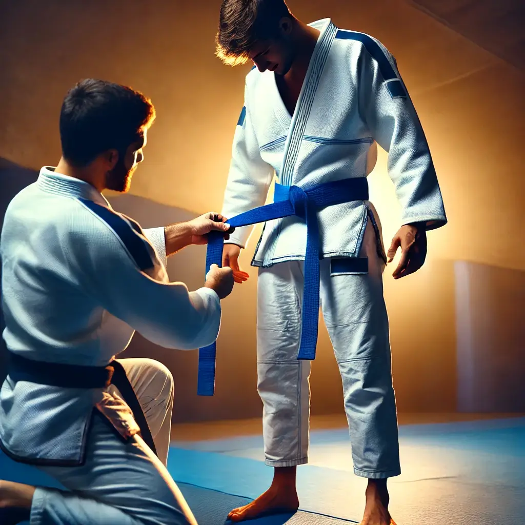 BJJ practitioner transitioning from a white belt to a blue belt
