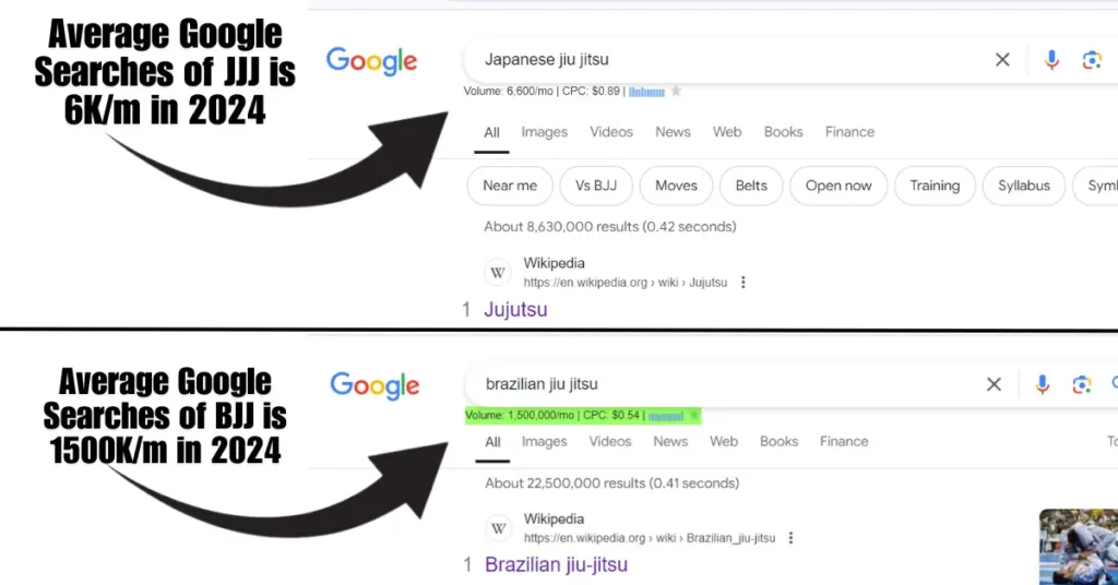 Google Searches of Jiu Jitsu VS BJJ
