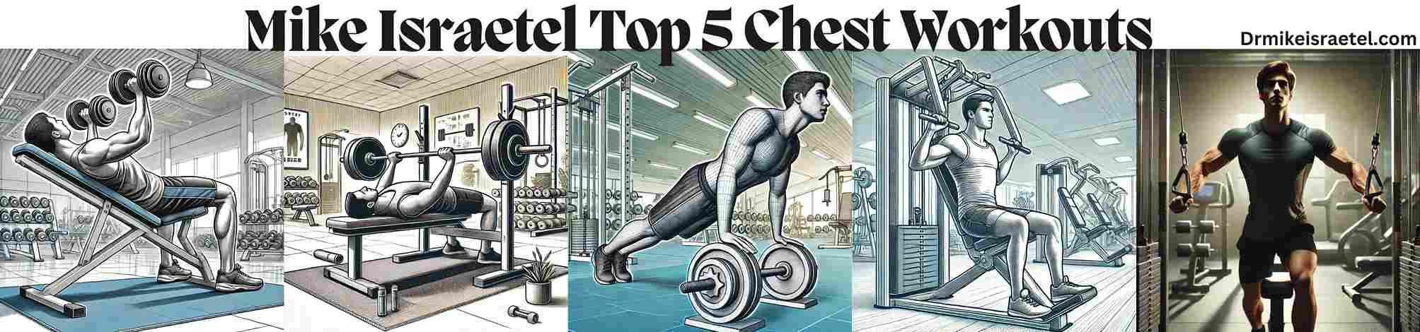 An image showcasing a combination of five chest workout exercises by Mike Israetel, arranged side by side: Incline Dumbbell Press, Flat Barbell Bench Press, Deficit Push-Up, Machine Chest Press, and Cable Flyes. Each section highlights a different exercise with a focus on proper form and technique, set in a modern gym environment.