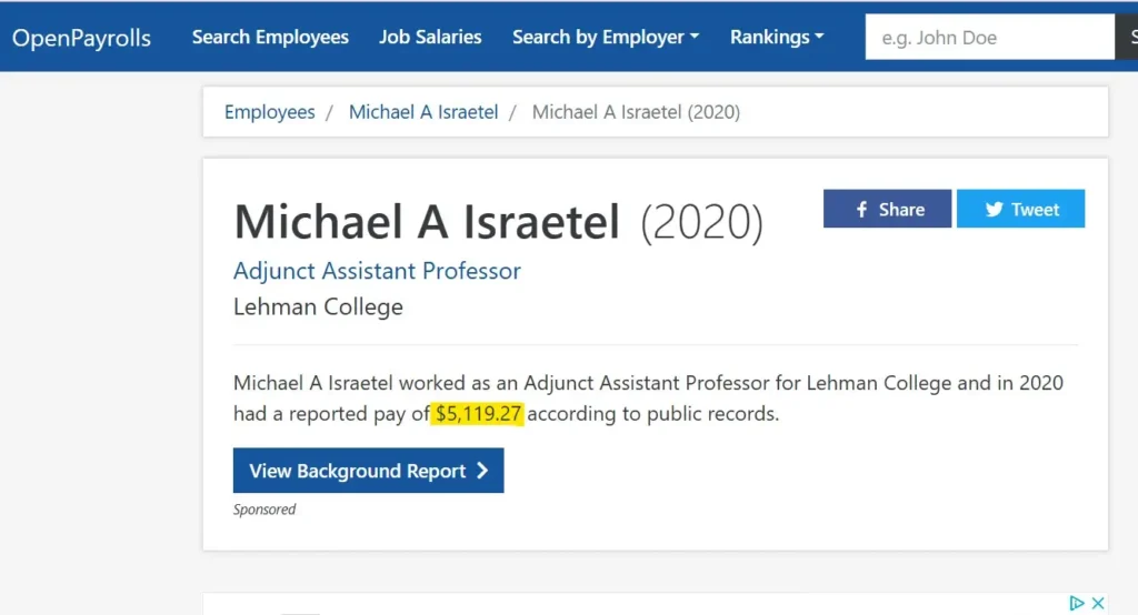 Mike Israetel income from Lehman College as an Adjunct Assistant Professor in 2020