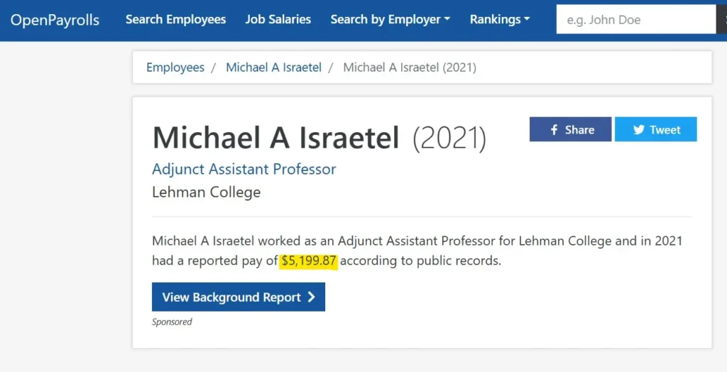 Mike Israetel income from Lehman College as an Adjunct Assistant Professor in 2021