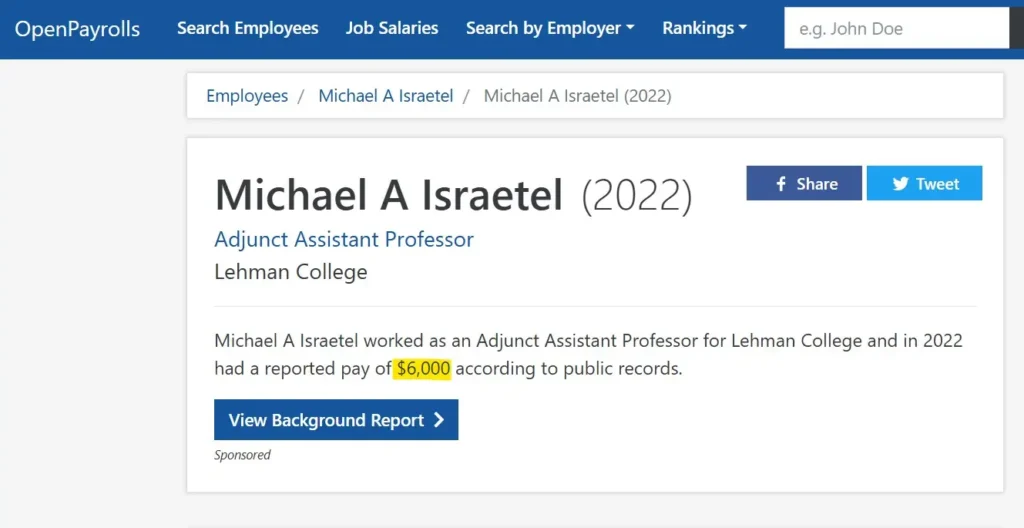 Mike Israetel income from Lehman College as an Adjunct Assistant Professor in 2022