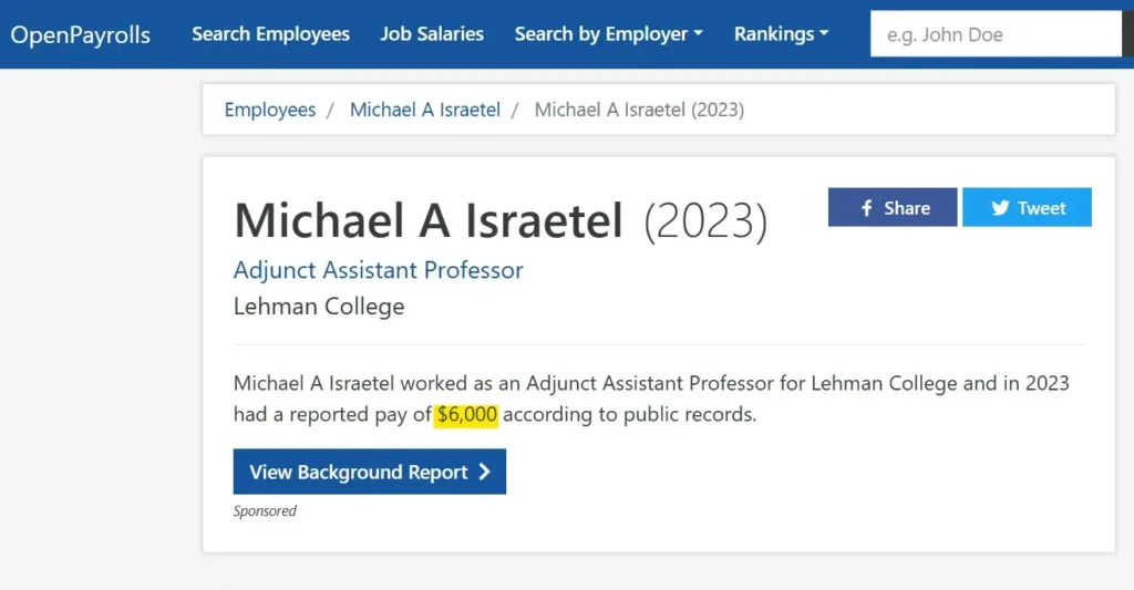 Mike Israetel income from Lehman College as an Adjunct Assistant Professor in 2023